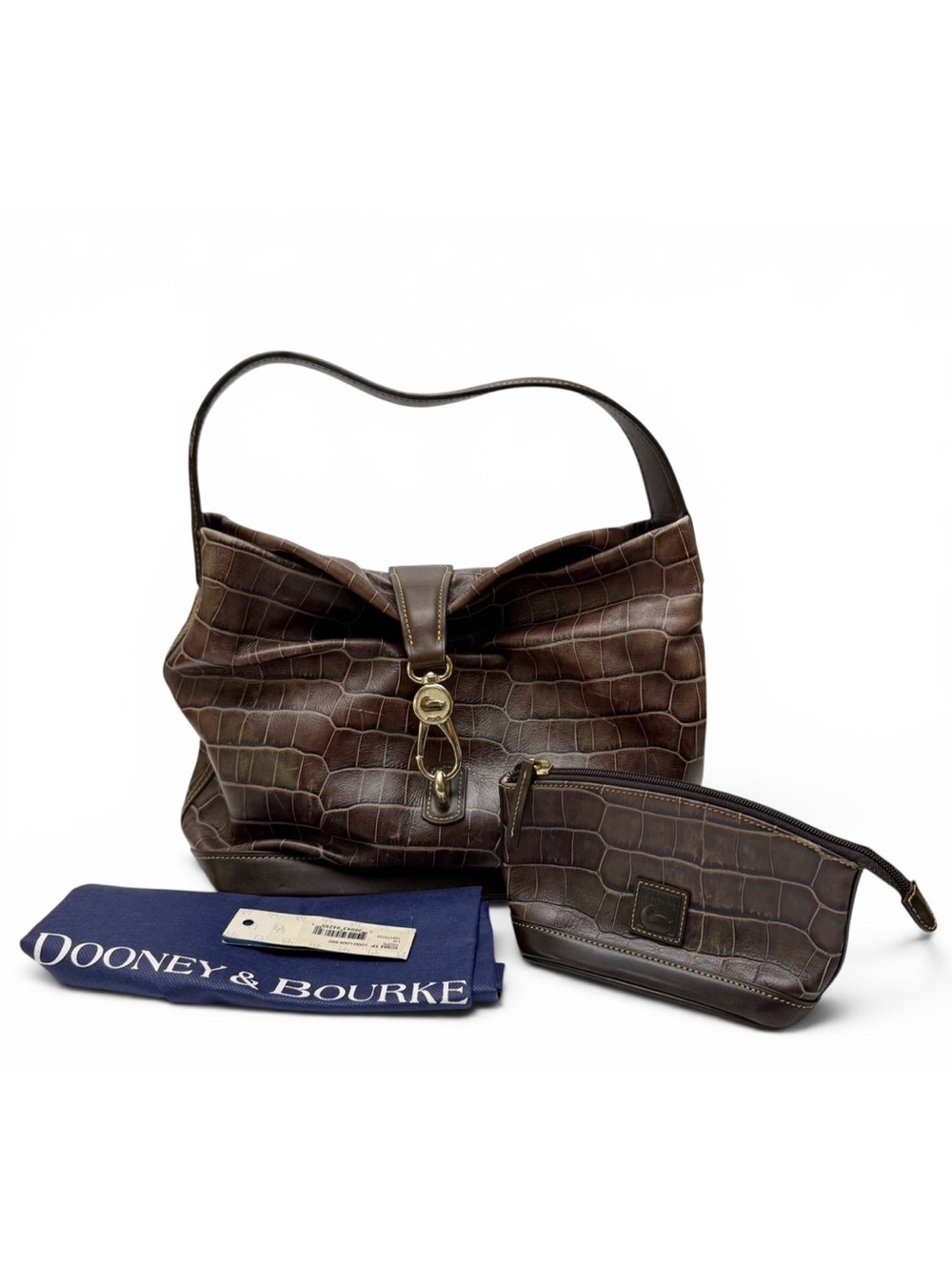 Dooney & Bourke Logo Lock Shoulder Bag & Cosmetic Pouch Dark Brown Croc Leather